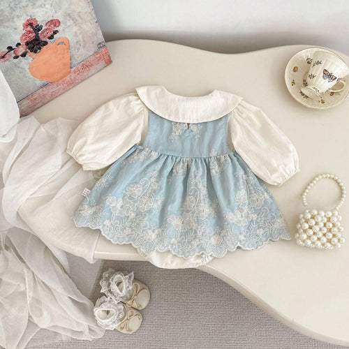 Baby Spring/Autumn New Solid Color Long Sleeve Bodysuit, Light Blue Lace Embroidered Peter Pan Collar 2-Piece Set, Baby Girl Crawler