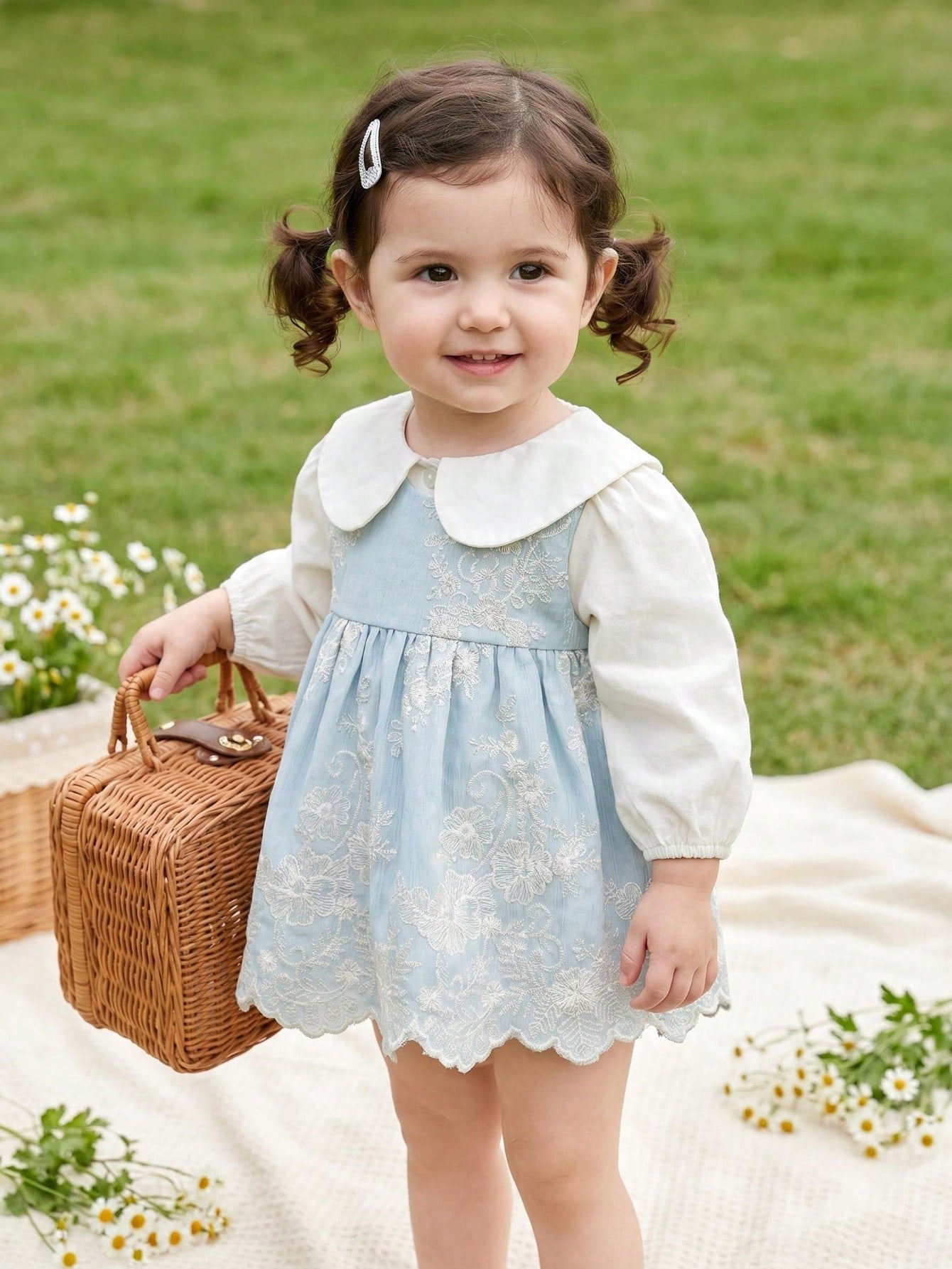 Baby Spring/Autumn New Solid Color Long Sleeve Bodysuit, Light Blue Lace Embroidered Peter Pan Collar 2-Piece Set, Baby Girl Crawler