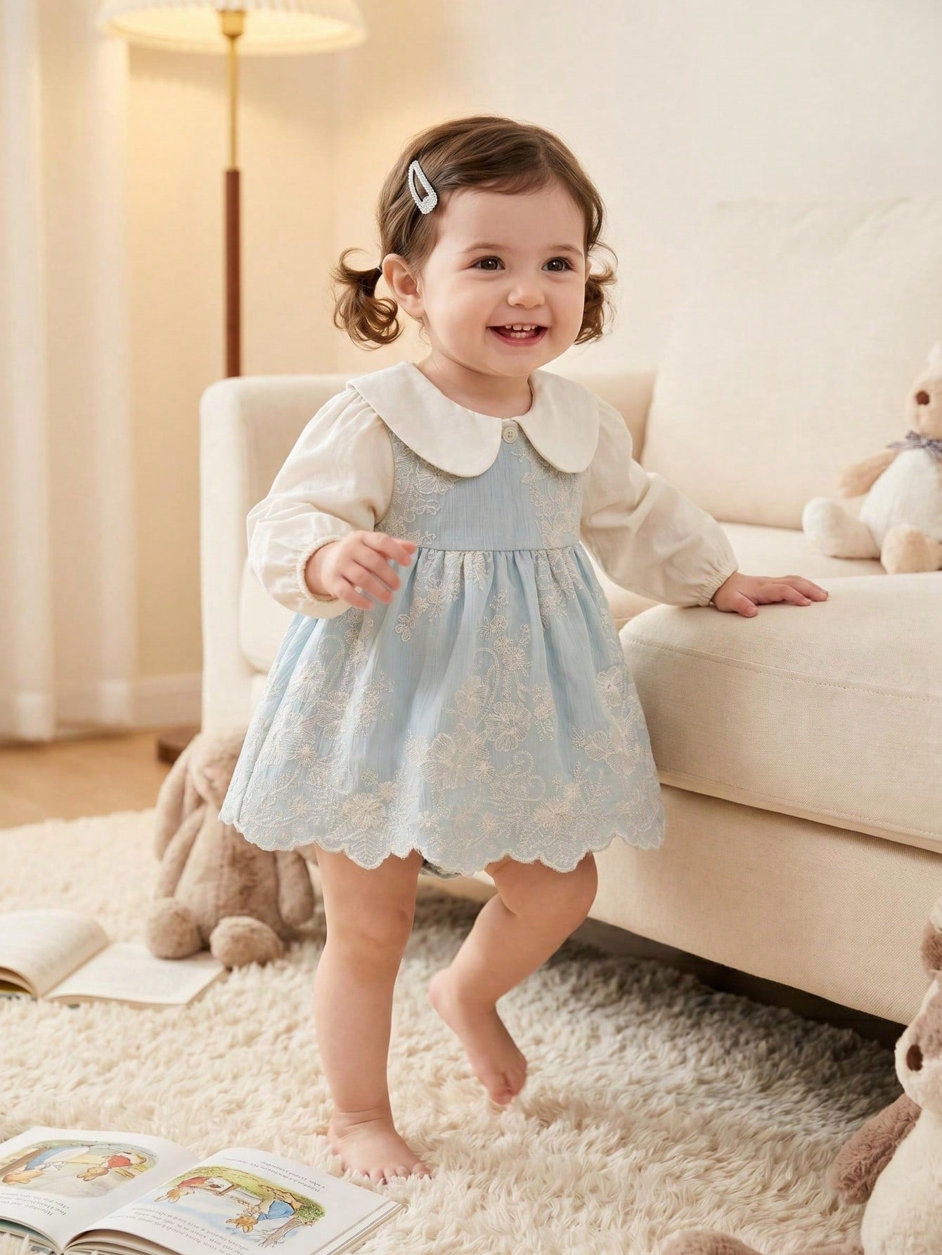 Baby Spring/Autumn New Solid Color Long Sleeve Bodysuit, Light Blue Lace Embroidered Peter Pan Collar 2-Piece Set, Baby Girl Crawler