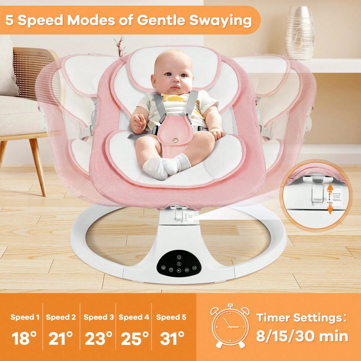 Baby Swing, Newborn Bouncer, Electric Cradle With Music Speaker, 3 Seat Positions, 5 Speed Settings, Remote Control, Dual Power Supply