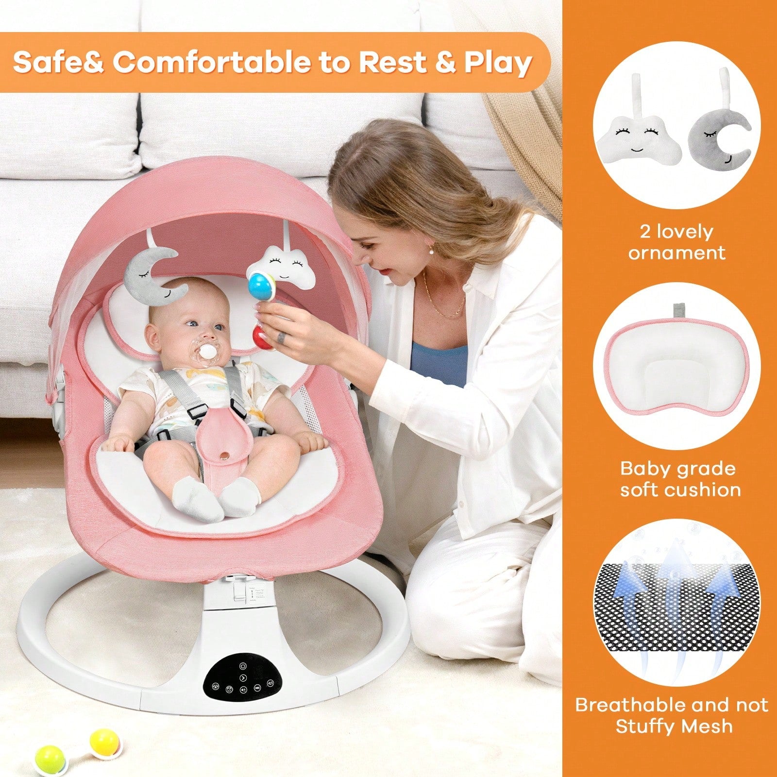 Baby Swing, Newborn Bouncer, Electric Cradle With Music Speaker, 3 Seat Positions, 5 Speed Settings, Remote Control, Dual Power Supply