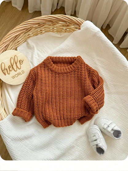 Babygirl Cute Brown Knitted Winter Sweater,Autumn Modest Solid Color Pullover,Comfortable Soft Knit For Baby Girls Daily Wear,Family Matching Fashion