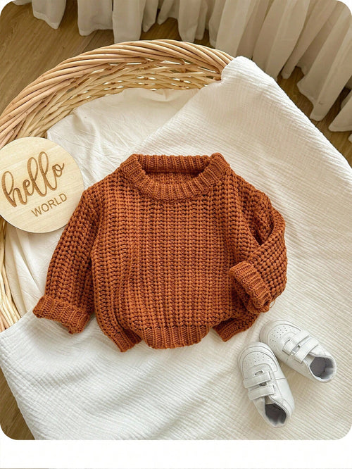 Babygirl Cute Brown Knitted Winter Sweater,Autumn Modest Solid Color Pullover,Comfortable Soft Knit For Baby Girls Daily Wear,Family Matching Fashion