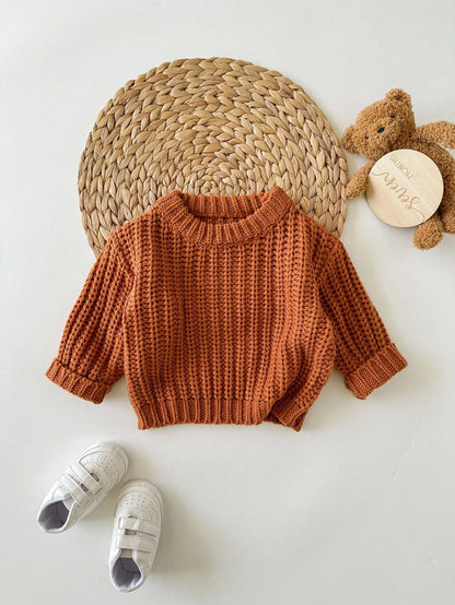 Babygirl Cute Brown Knitted Winter Sweater,Autumn Modest Solid Color Pullover,Comfortable Soft Knit For Baby Girls Daily Wear,Family Matching Fashion
