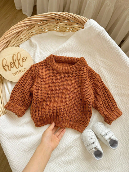 Babygirl Cute Brown Knitted Winter Sweater,Autumn Modest Solid Color Pullover,Comfortable Soft Knit For Baby Girls Daily Wear,Family Matching Fashion