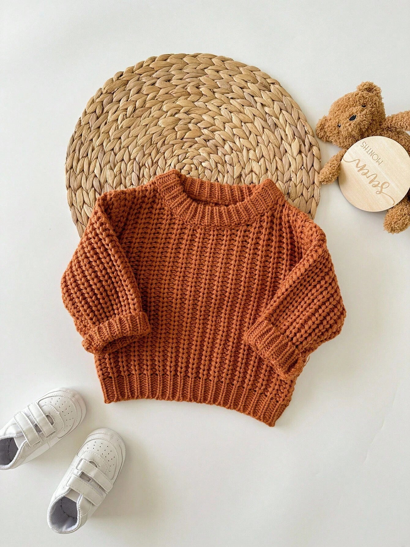 Babygirl Cute Brown Knitted Winter Sweater,Autumn Modest Solid Color Pullover,Comfortable Soft Knit For Baby Girls Daily Wear,Family Matching Fashion