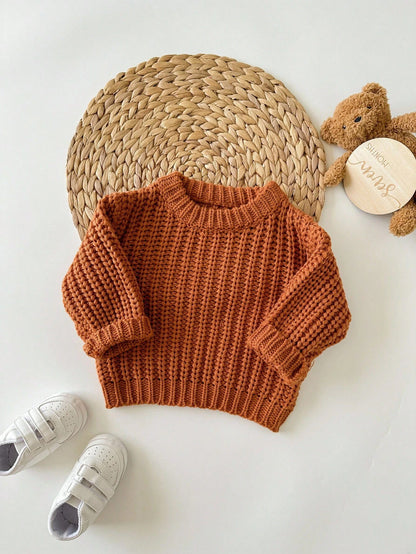 Babygirl Cute Brown Knitted Winter Sweater,Autumn Modest Solid Color Pullover,Comfortable Soft Knit For Baby Girls Daily Wear,Family Matching Fashion