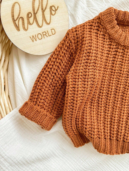 Babygirl Cute Brown Knitted Winter Sweater,Autumn Modest Solid Color Pullover,Comfortable Soft Knit For Baby Girls Daily Wear,Family Matching Fashion