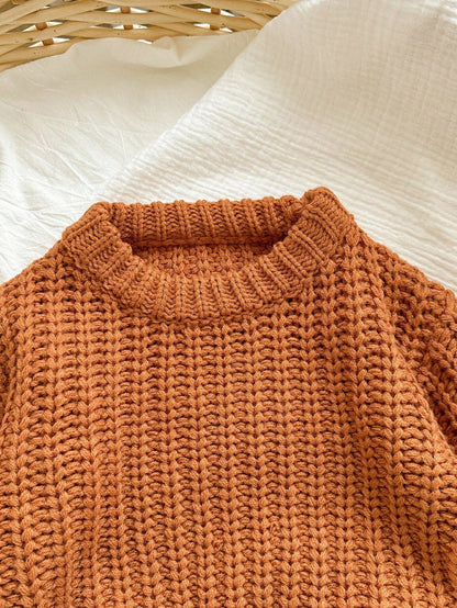 Babygirl Cute Brown Knitted Winter Sweater,Autumn Modest Solid Color Pullover,Comfortable Soft Knit For Baby Girls Daily Wear,Family Matching Fashion