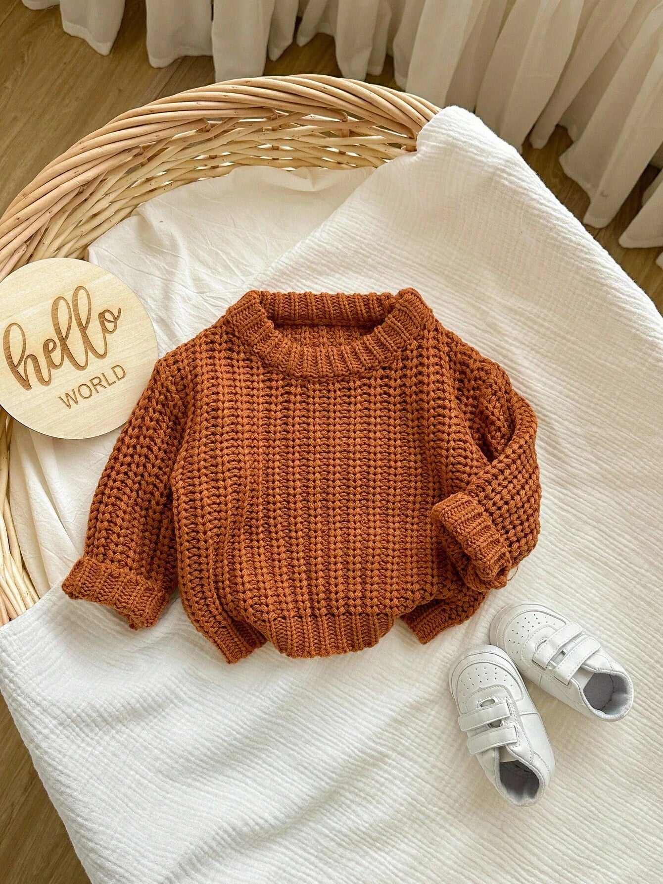 Babygirl Cute Brown Knitted Winter Sweater,Autumn Modest Solid Color Pullover,Comfortable Soft Knit For Baby Girls Daily Wear,Family Matching Fashion