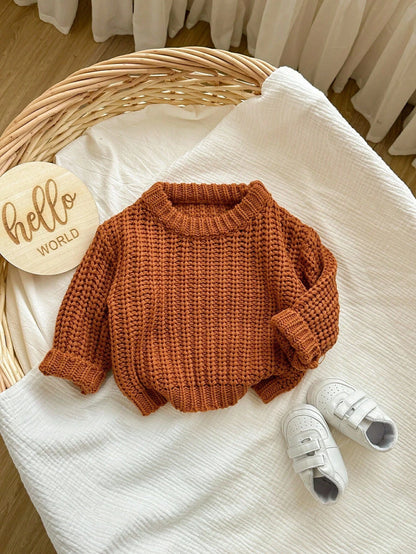 Babygirl Cute Brown Knitted Winter Sweater,Autumn Modest Solid Color Pullover,Comfortable Soft Knit For Baby Girls Daily Wear,Family Matching Fashion