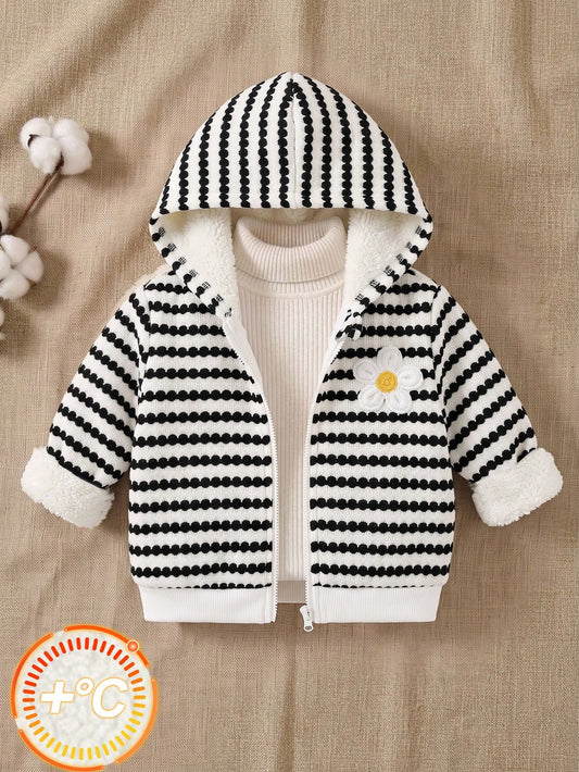 Babygirl Cute Casual Knitted Versatile Striped Floral Pattern Hooded Jacket