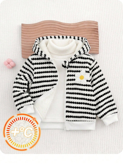 Babygirl Cute Casual Knitted Versatile Striped Floral Pattern Hooded Jacket