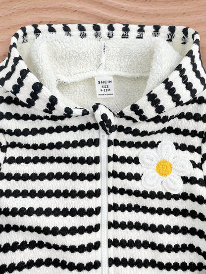 Babygirl Cute Casual Knitted Versatile Striped Floral Pattern Hooded Jacket