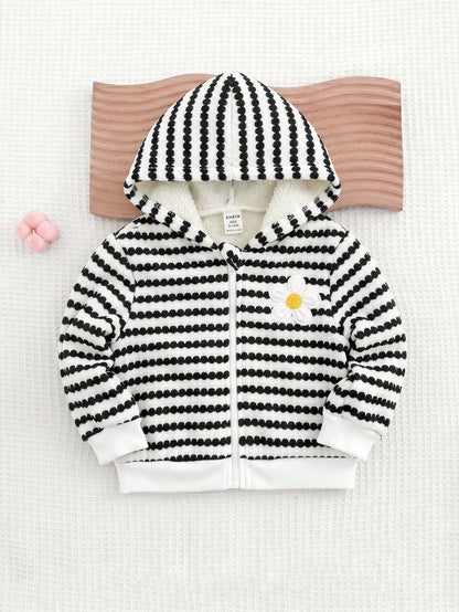 Babygirl Cute Casual Knitted Versatile Striped Floral Pattern Hooded Jacket