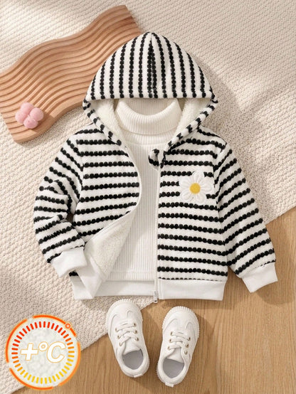 Babygirl Cute Casual Knitted Versatile Striped Floral Pattern Hooded Jacket