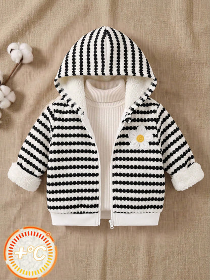 Babygirl Cute Casual Knitted Versatile Striped Floral Pattern Hooded Jacket