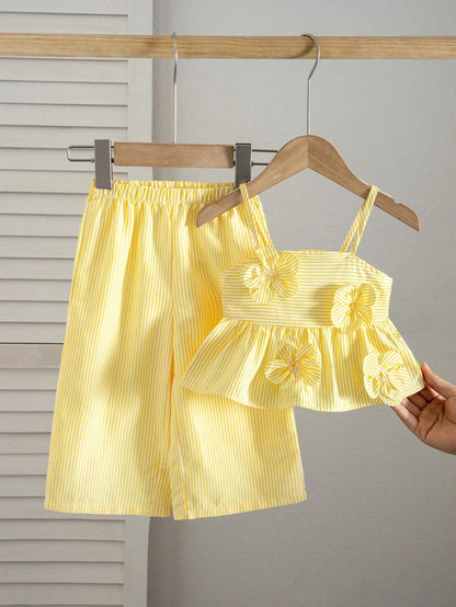 Babygirl Cute Vacation Casual Striped Bow Decor Camisole & Elastic Waist Pants Set