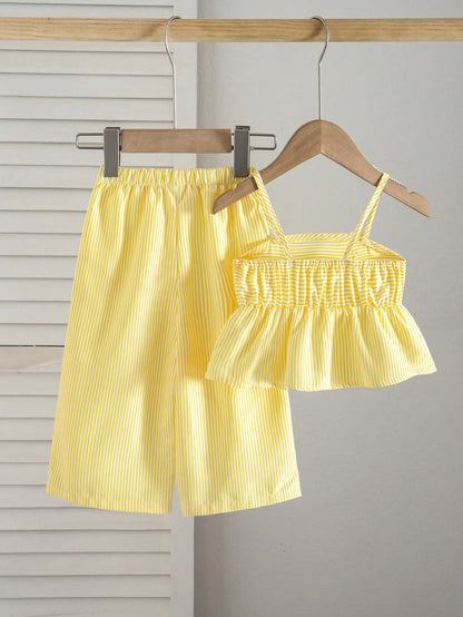 Babygirl Cute Vacation Casual Striped Bow Decor Camisole & Elastic Waist Pants Set