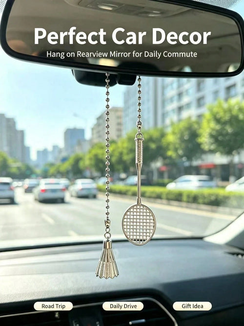 Badminton Racket Car Rearview Mirror Hanging Ornament, Silver Metal Badminton Creative Sports Style Car Interior Hanging Decor, Sports Style Badminton Set Car Hanging, Realistic Badminton Racket Metal