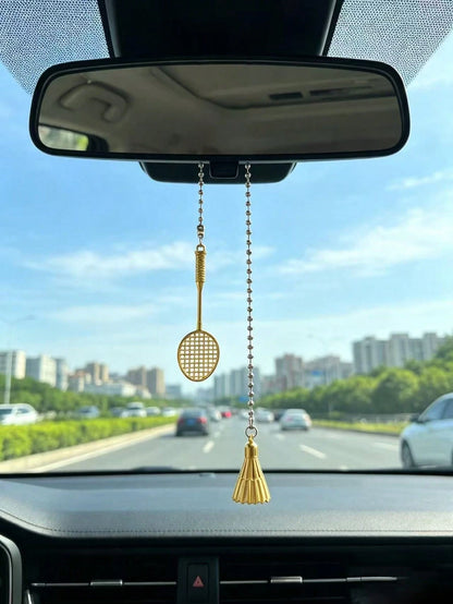 Badminton Racket Car Rearview Mirror Hanging Ornament, Silver Metal Badminton Creative Sports Style Car Interior Hanging Decor, Sports Style Badminton Set Car Hanging, Realistic Badminton Racket Metal