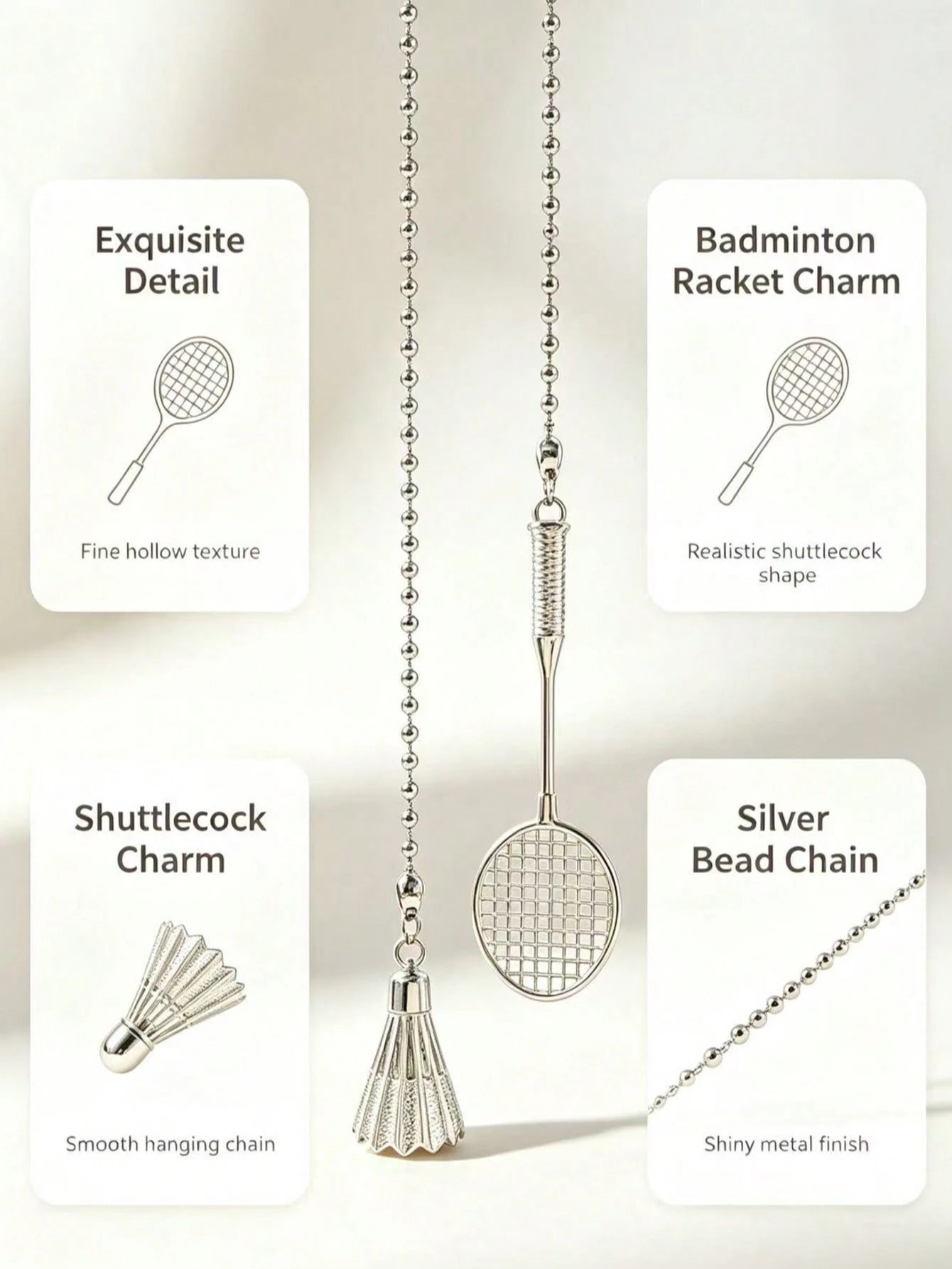 Badminton Racket Car Rearview Mirror Hanging Ornament, Silver Metal Badminton Creative Sports Style Car Interior Hanging Decor, Sports Style Badminton Set Car Hanging, Realistic Badminton Racket Metal