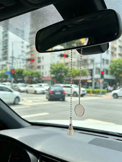 Badminton Racket Car Rearview Mirror Hanging Ornament, Silver Metal Badminton Creative Sports Style Car Interior Hanging Decor, Sports Style Badminton Set Car Hanging, Realistic Badminton Racket Metal