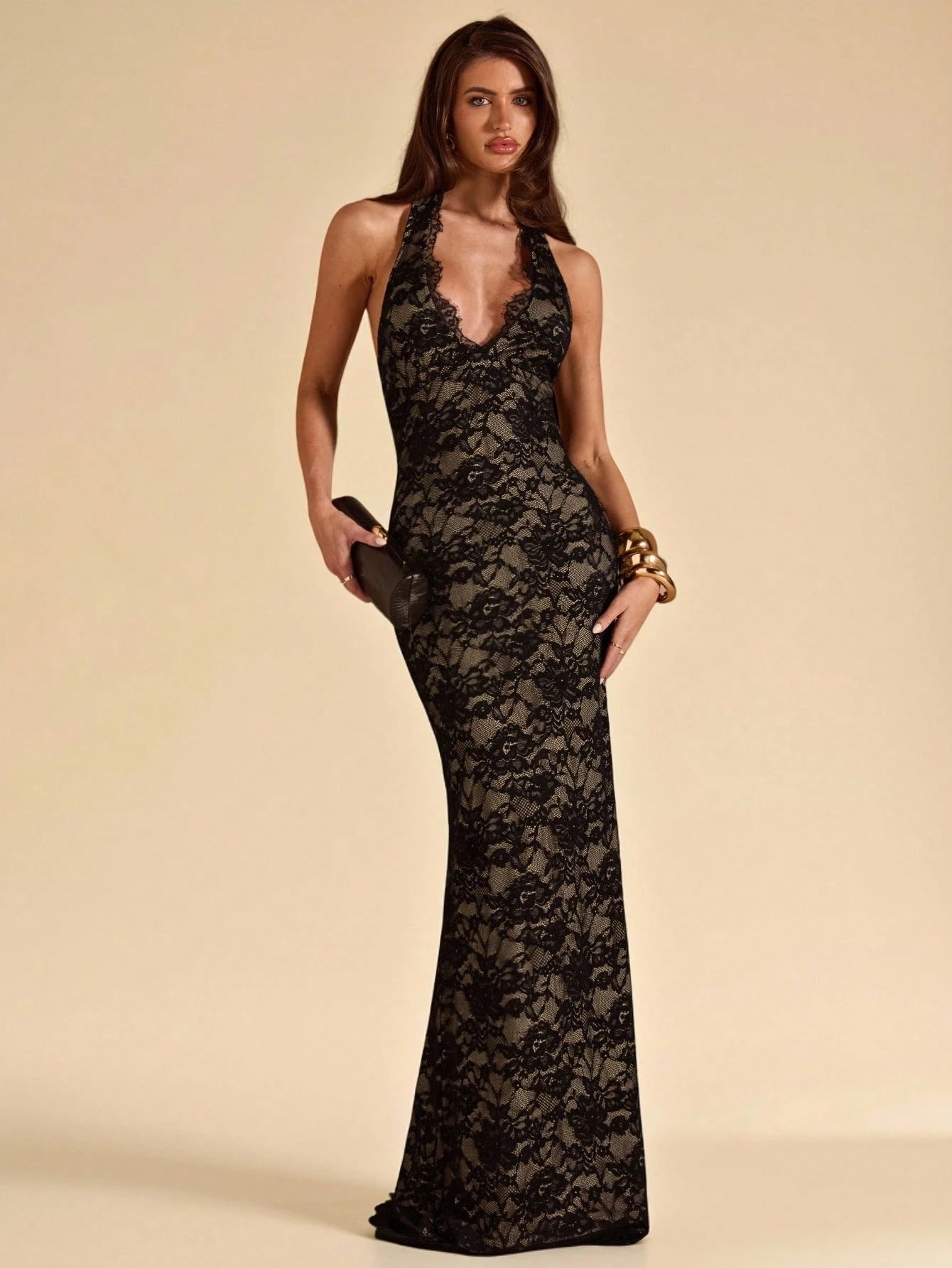 BAE Beige Deep V-Neck Lace Fitted Dress, Elegant Sexy For Beach Dinner Party, Date, Maxi Birthday Tie Wedding Guest Summer
