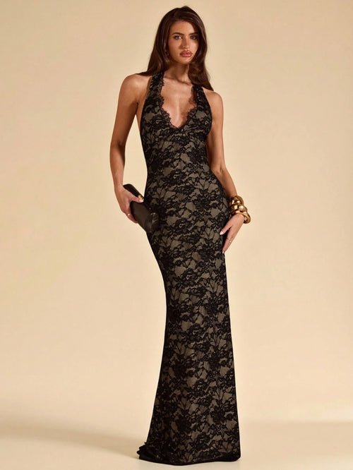 BAE Beige Deep V-Neck Lace Fitted Dress, Elegant Sexy For Beach Dinner Party, Date, Maxi Birthday Tie Wedding Guest Summer
