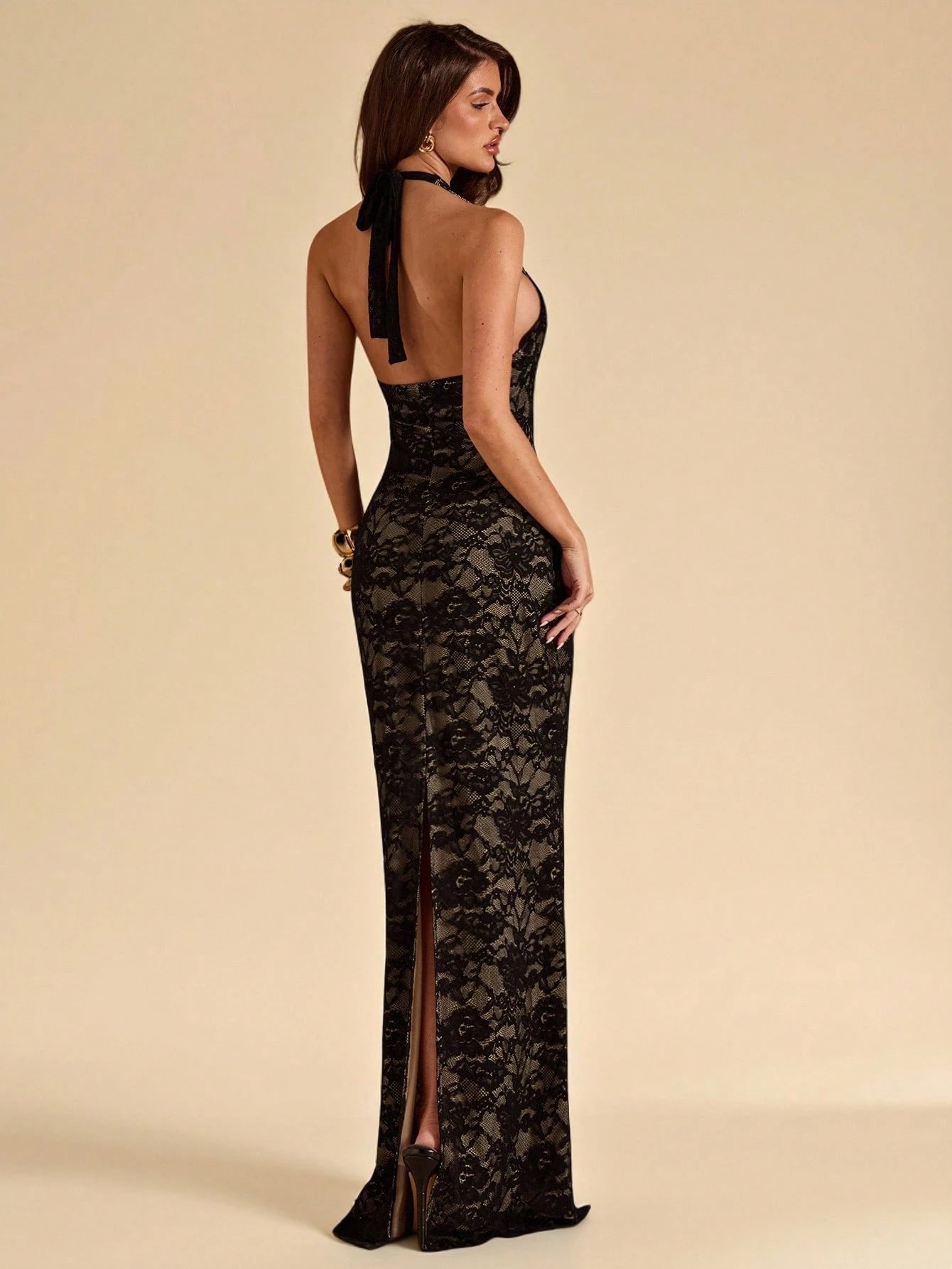 BAE Beige Deep V-Neck Lace Fitted Dress, Elegant Sexy For Beach Dinner Party, Date, Maxi Birthday Tie Wedding Guest Summer