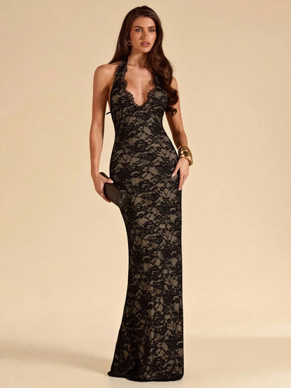 BAE Beige Deep V-Neck Lace Fitted Dress, Elegant Sexy For Beach Dinner Party, Date, Maxi Birthday Tie Wedding Guest Summer