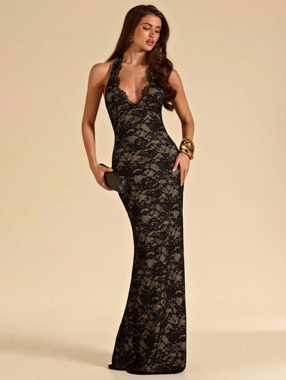 BAE Beige Deep V-Neck Lace Fitted Dress, Elegant Sexy For Beach Dinner Party, Date, Maxi Birthday Tie Wedding Guest Summer