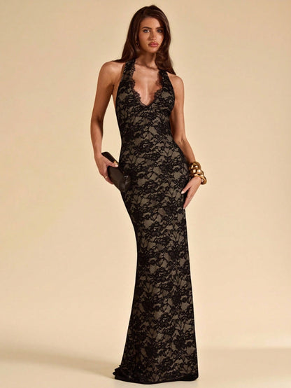 BAE Beige Deep V-Neck Lace Fitted Dress, Elegant Sexy For Beach Dinner Party, Date, Maxi Birthday Tie Wedding Guest Summer