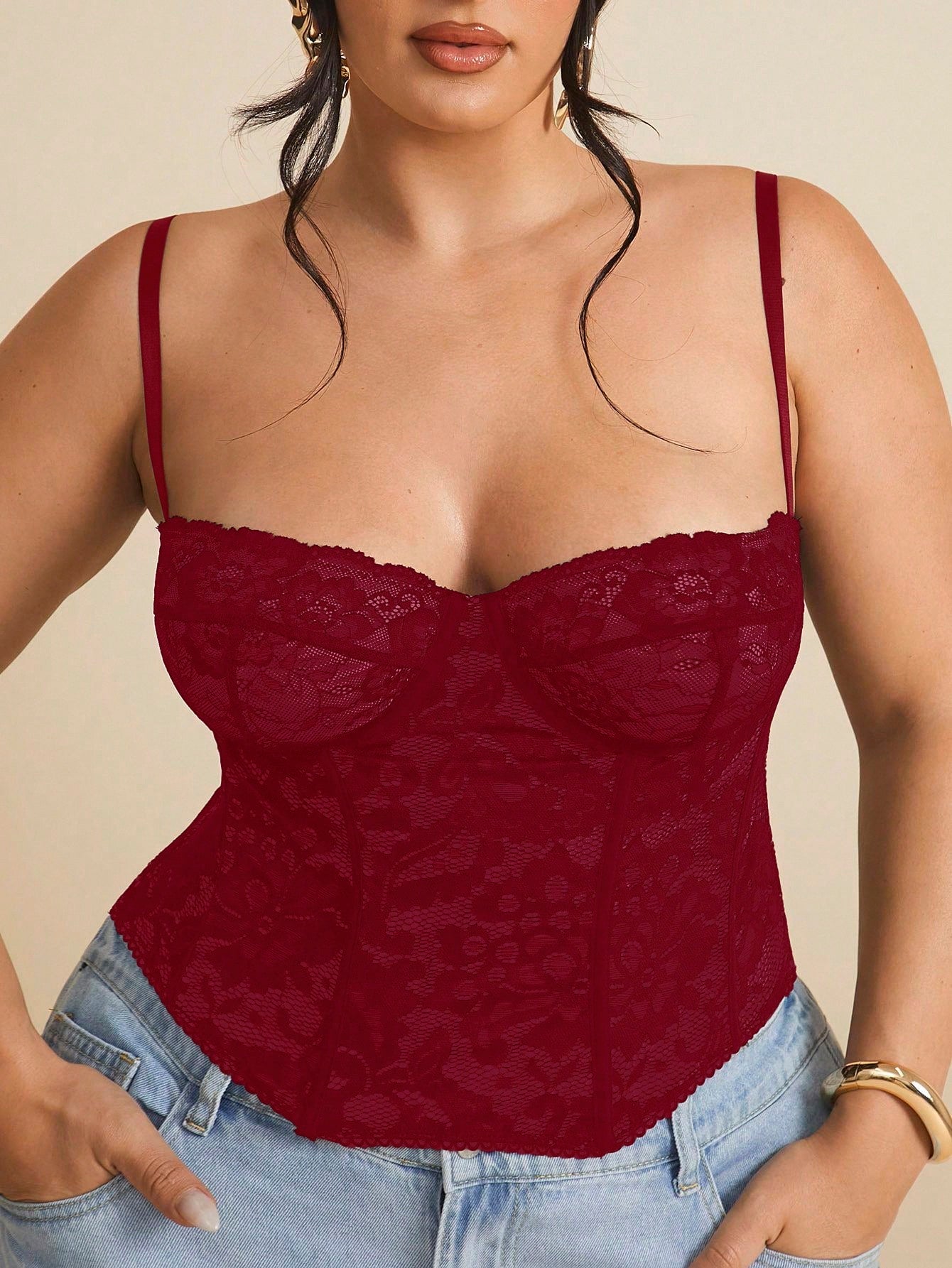 BAE Christmas Plus Lace See-Through Cami Top, Party, Date, Casual, Commute, Cute Bralette, Club Corset Summer Halloween,Valentine's Day