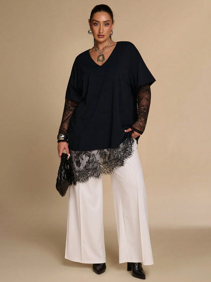 BAE CURVE Plus Size Women's Black Lace Patchwork Top, Casual Eleganza 70's Sexy T-Shirt, Autumn Solid Color Asymmetrical Hem, Party Date Night Cocktail Fall
