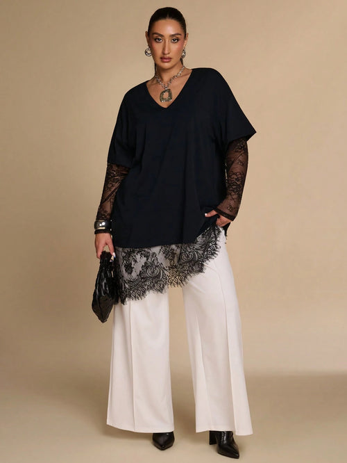BAE CURVE Plus Size Women's Black Lace Patchwork Top, Casual Eleganza 70's Sexy T-Shirt, Autumn Solid Color Asymmetrical Hem, Party Date Night Cocktail Fall