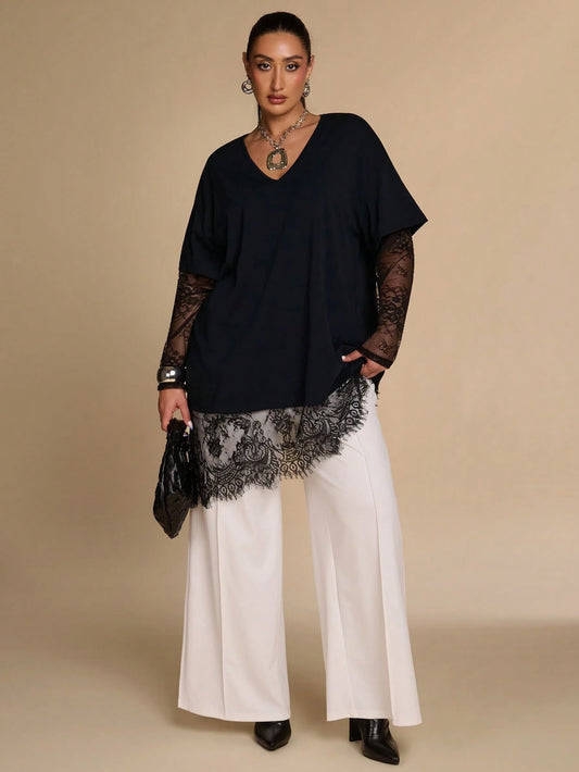 BAE CURVE Plus Size Women's Black Lace Patchwork Top, Casual Eleganza 70's Sexy T-Shirt, Autumn Solid Color Asymmetrical Hem, Party Date Night Cocktail Fall