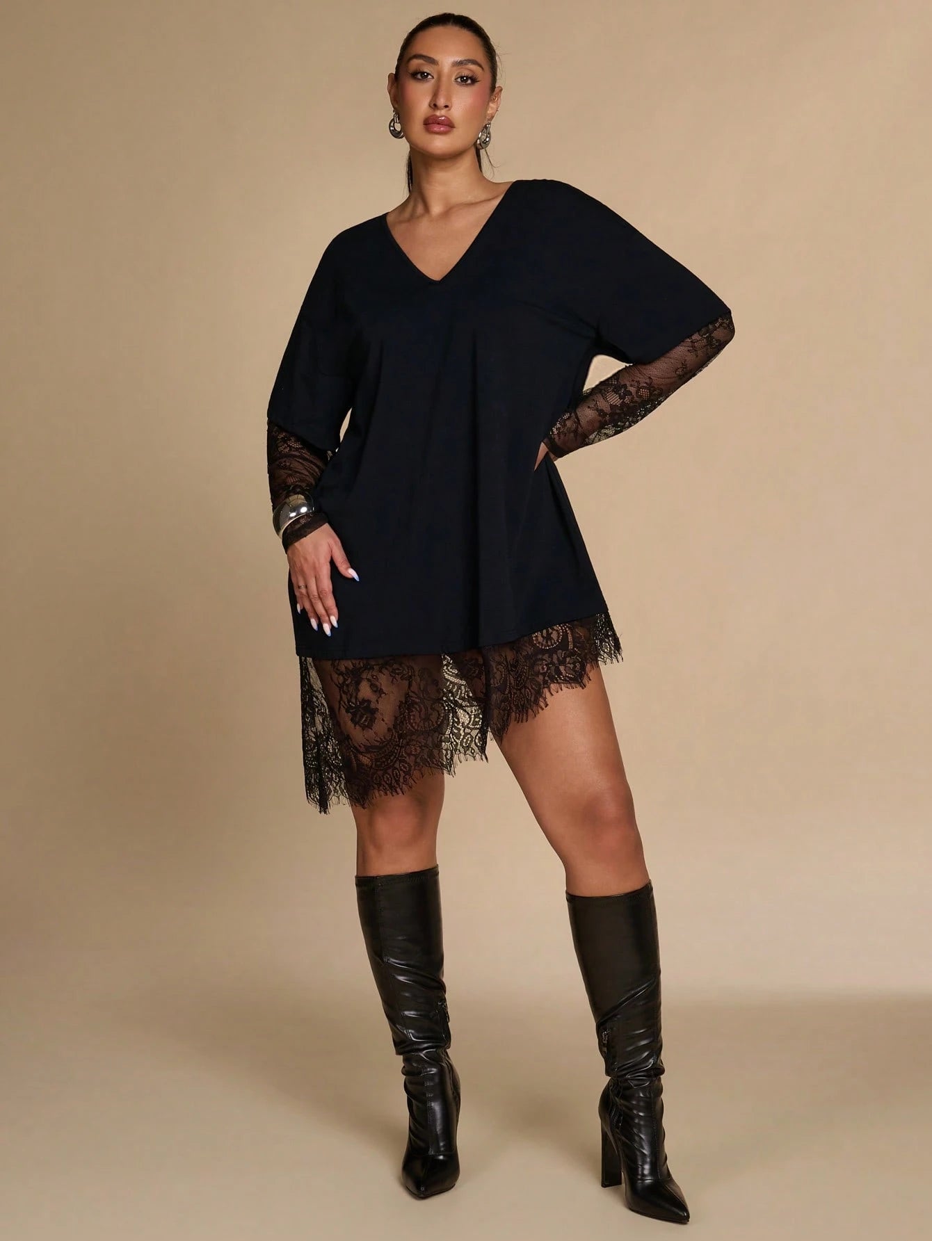 BAE CURVE Plus Size Women's Black Lace Patchwork Top, Casual Eleganza 70's Sexy T-Shirt, Autumn Solid Color Asymmetrical Hem, Party Date Night Cocktail Fall