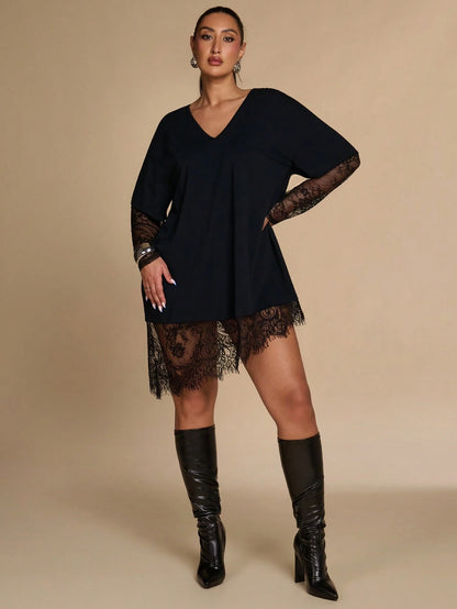 BAE CURVE Plus Size Women's Black Lace Patchwork Top, Casual Eleganza 70's Sexy T-Shirt, Autumn Solid Color Asymmetrical Hem, Party Date Night Cocktail Fall