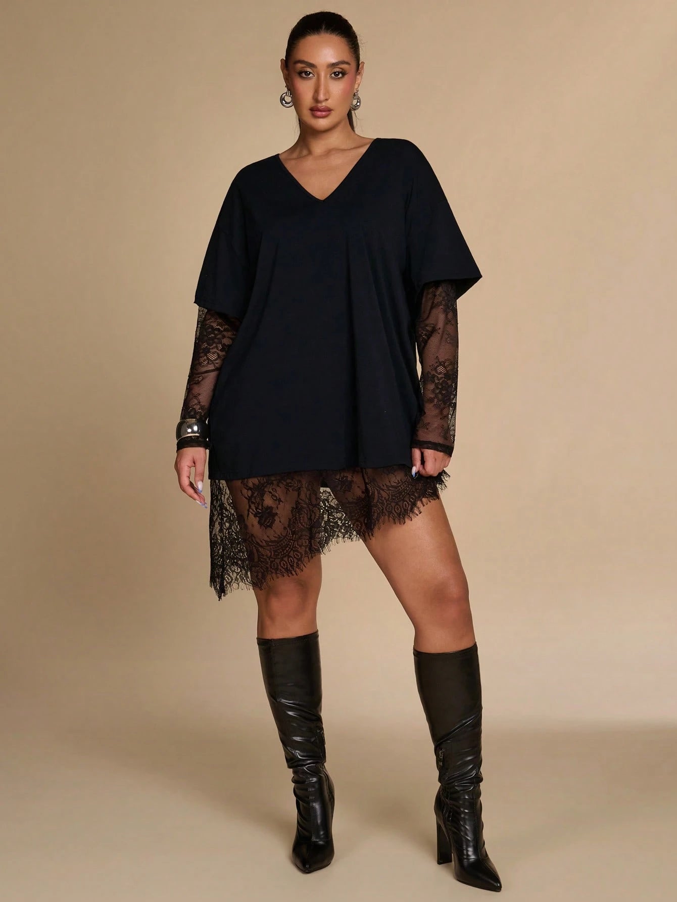 BAE CURVE Plus Size Women's Black Lace Patchwork Top, Casual Eleganza 70's Sexy T-Shirt, Autumn Solid Color Asymmetrical Hem, Party Date Night Cocktail Fall