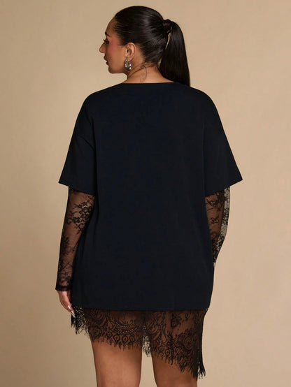 BAE CURVE Plus Size Women's Black Lace Patchwork Top, Casual Eleganza 70's Sexy T-Shirt, Autumn Solid Color Asymmetrical Hem, Party Date Night Cocktail Fall
