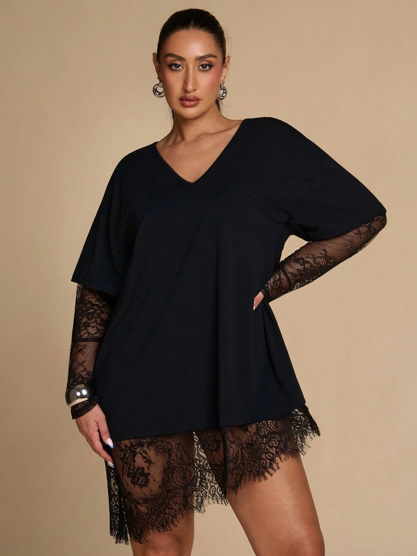 BAE CURVE Plus Size Women's Black Lace Patchwork Top, Casual Eleganza 70's Sexy T-Shirt, Autumn Solid Color Asymmetrical Hem, Party Date Night Cocktail Fall