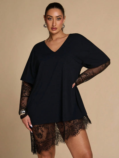 BAE CURVE Plus Size Women's Black Lace Patchwork Top, Casual Eleganza 70's Sexy T-Shirt, Autumn Solid Color Asymmetrical Hem, Party Date Night Cocktail Fall