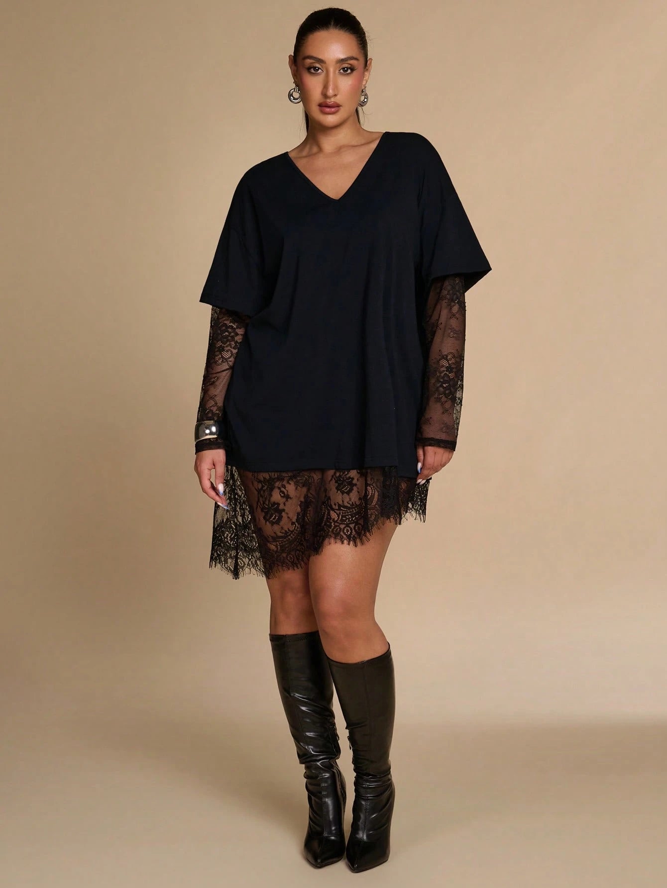 BAE CURVE Plus Size Women's Black Lace Patchwork Top, Casual Eleganza 70's Sexy T-Shirt, Autumn Solid Color Asymmetrical Hem, Party Date Night Cocktail Fall