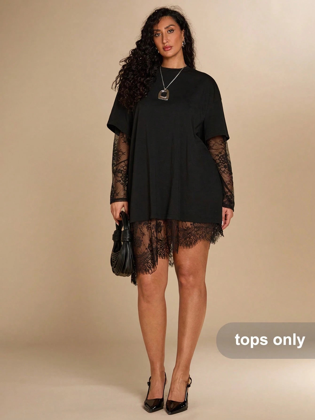 BAE CURVE Plus Size Women's Black Lace Patchwork Top, Casual Eleganza 70's Sexy T-Shirt, Autumn Solid Color Asymmetrical Hem, Party Date Night Cocktail Fall