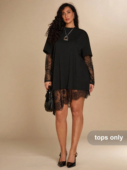 BAE CURVE Plus Size Women's Black Lace Patchwork Top, Casual Eleganza 70's Sexy T-Shirt, Autumn Solid Color Asymmetrical Hem, Party Date Night Cocktail Fall