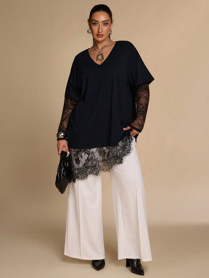 BAE CURVE Plus Size Women's Black Lace Patchwork Top, Casual Eleganza 70's Sexy T-Shirt, Autumn Solid Color Asymmetrical Hem, Party Date Night Cocktail Fall