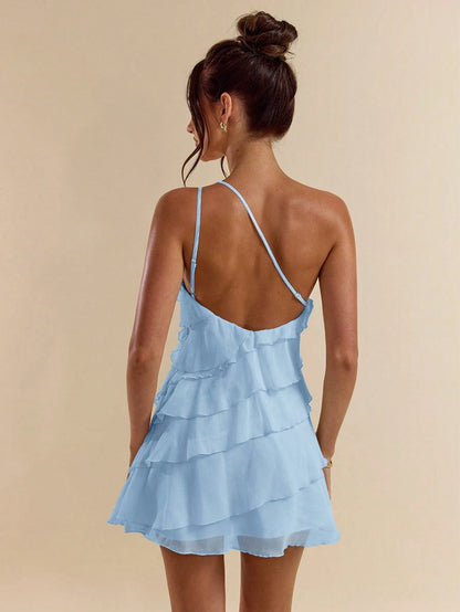 BAE Cute Baby Blue Summer Mini Dress,Layered Lotus Leaf Cake Design,Backless,Suitable For Date,Night Out,Parties,Cocktail,Music Festival & Valentine's Day