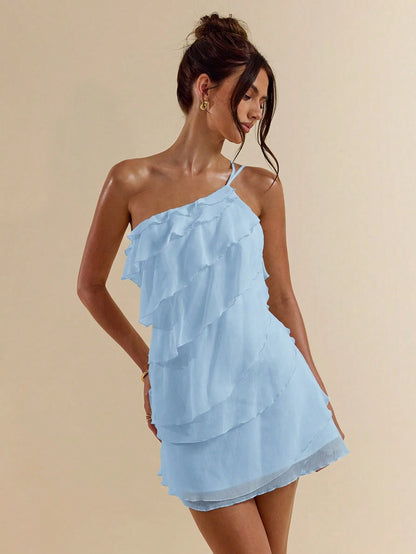 BAE Cute Baby Blue Summer Mini Dress,Layered Lotus Leaf Cake Design,Backless,Suitable For Date,Night Out,Parties,Cocktail,Music Festival & Valentine's Day