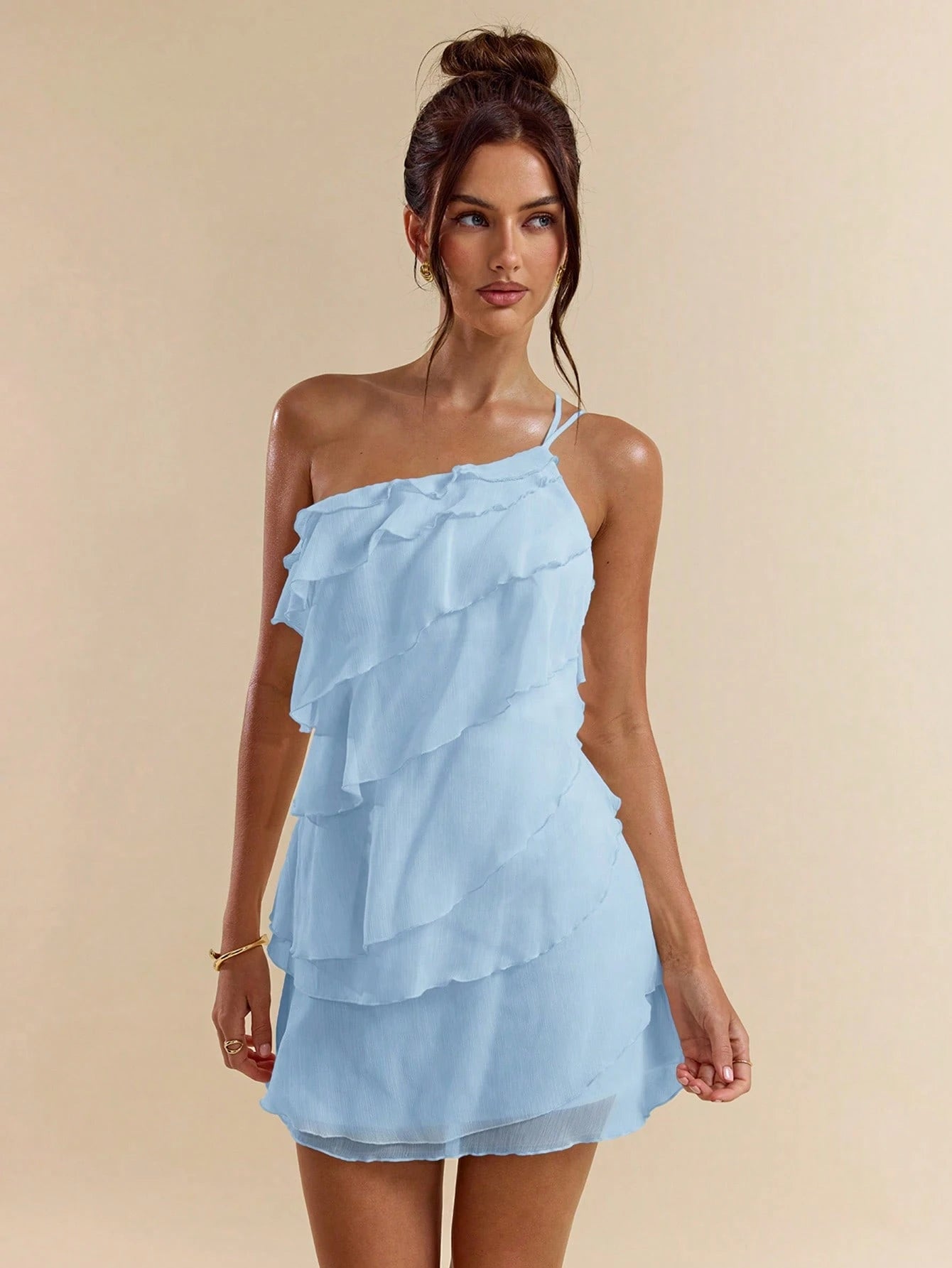 BAE Cute Baby Blue Summer Mini Dress,Layered Lotus Leaf Cake Design,Backless,Suitable For Date,Night Out,Parties,Cocktail,Music Festival & Valentine's Day